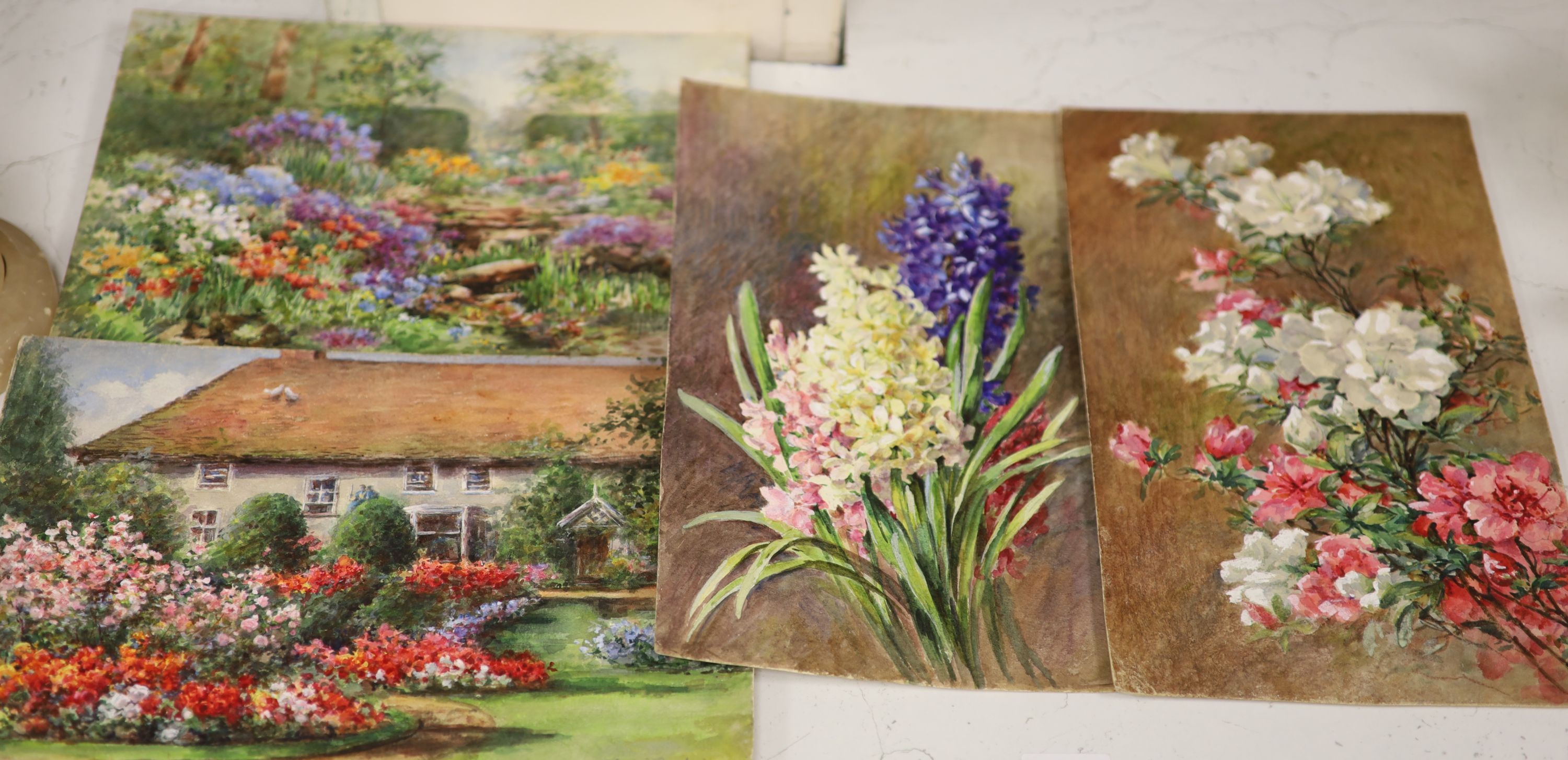 Annie Louise Pressland (1862-1933), a group of four small still life floral and garden watercolours, each approx 28 x 18cm